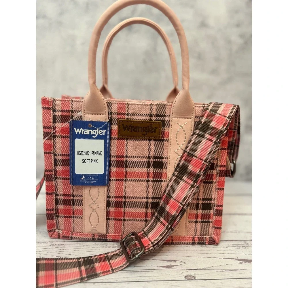 Wrangler Soft Pink‎ Plaid Canvas Tote Crossbody Bag
